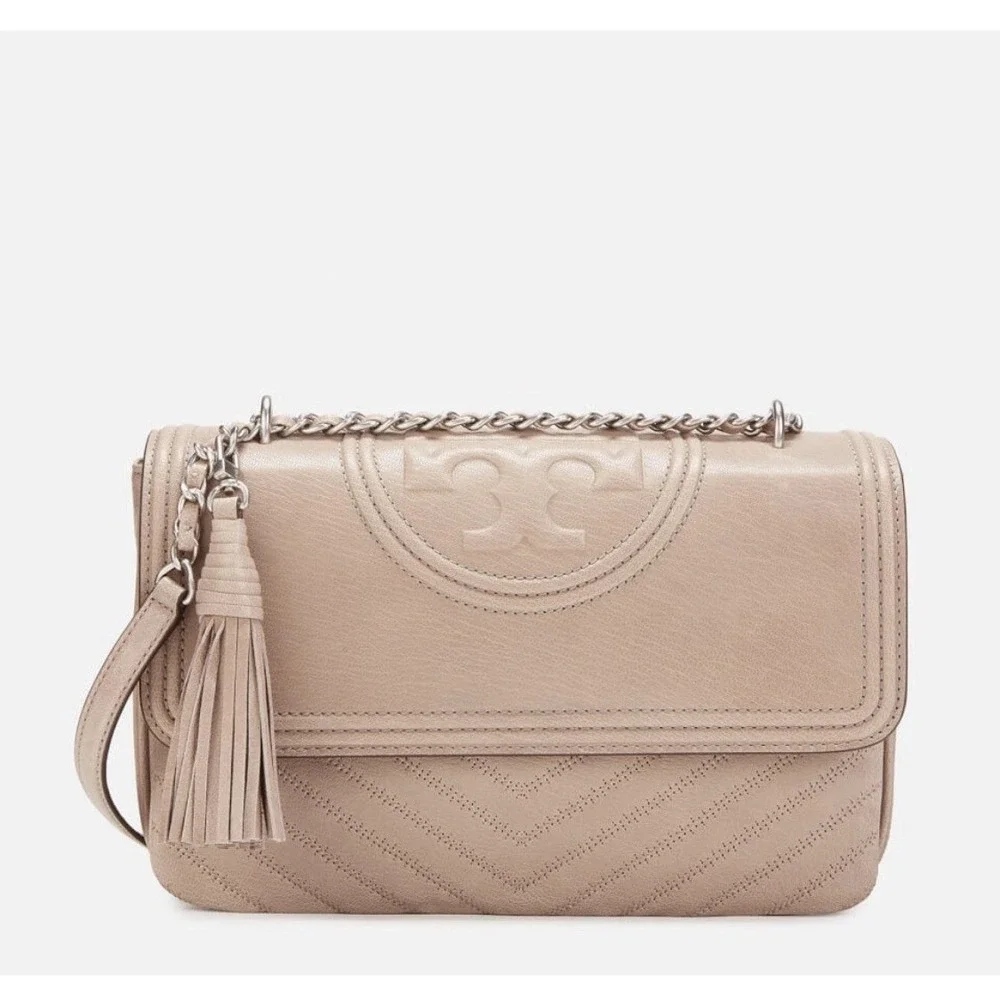 Tory Burch Fleming Distressed Flap, Tassel Shoulder Crossbody Bag Taupe 458$